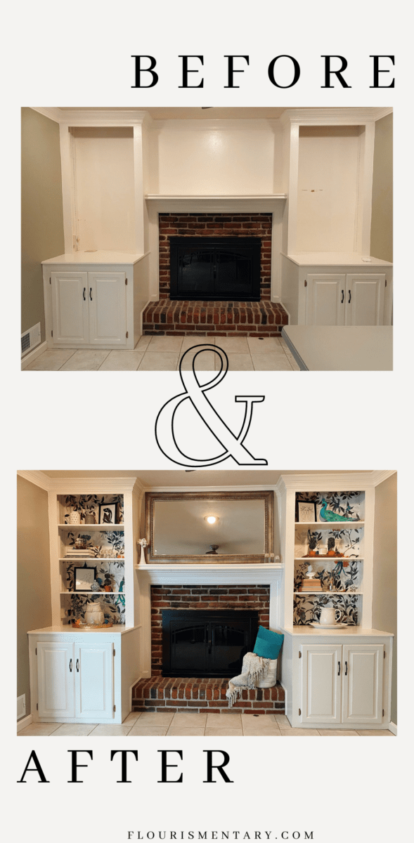 Wallpaper on bookcase before and after